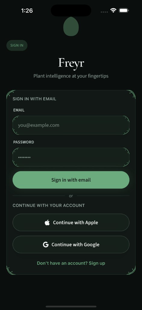 Freyr sign-in screen