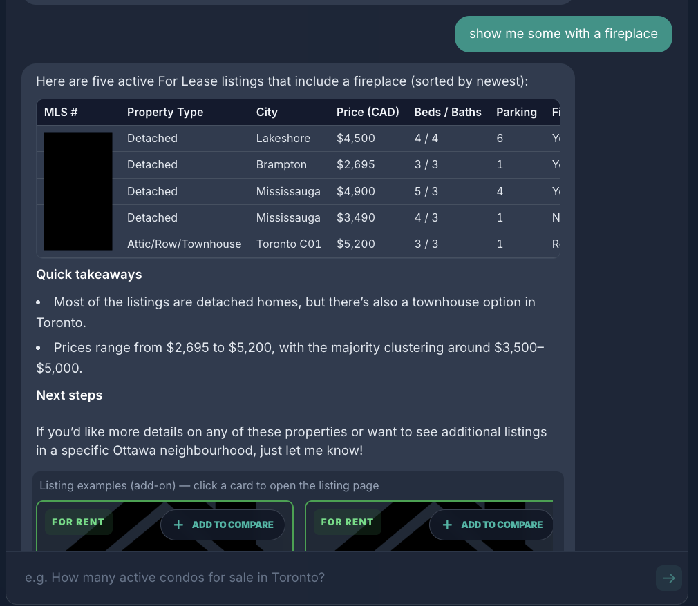 AI chat listing results table