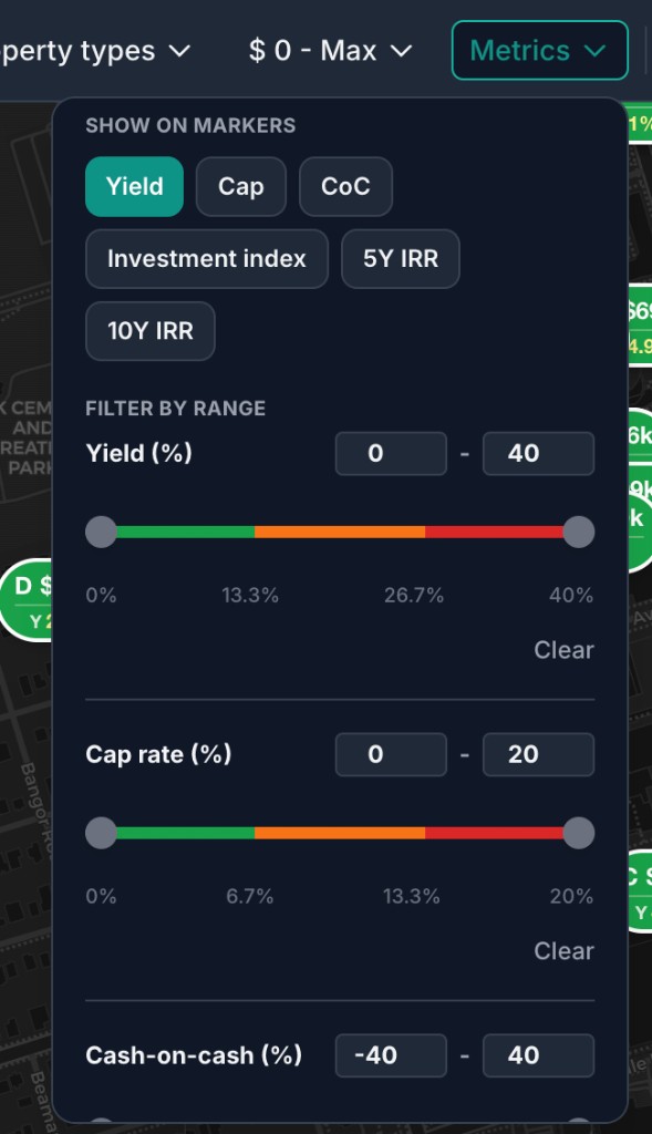 Map metrics filter panel